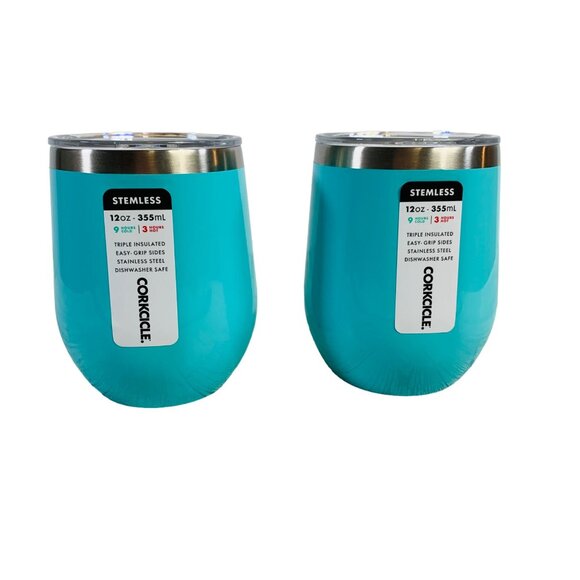 Corkcicle Stemless Wine Glass Tumbler 12 oz Cup Set of 2 Mug Tiffany Blue Lid - Picture 6 of 13